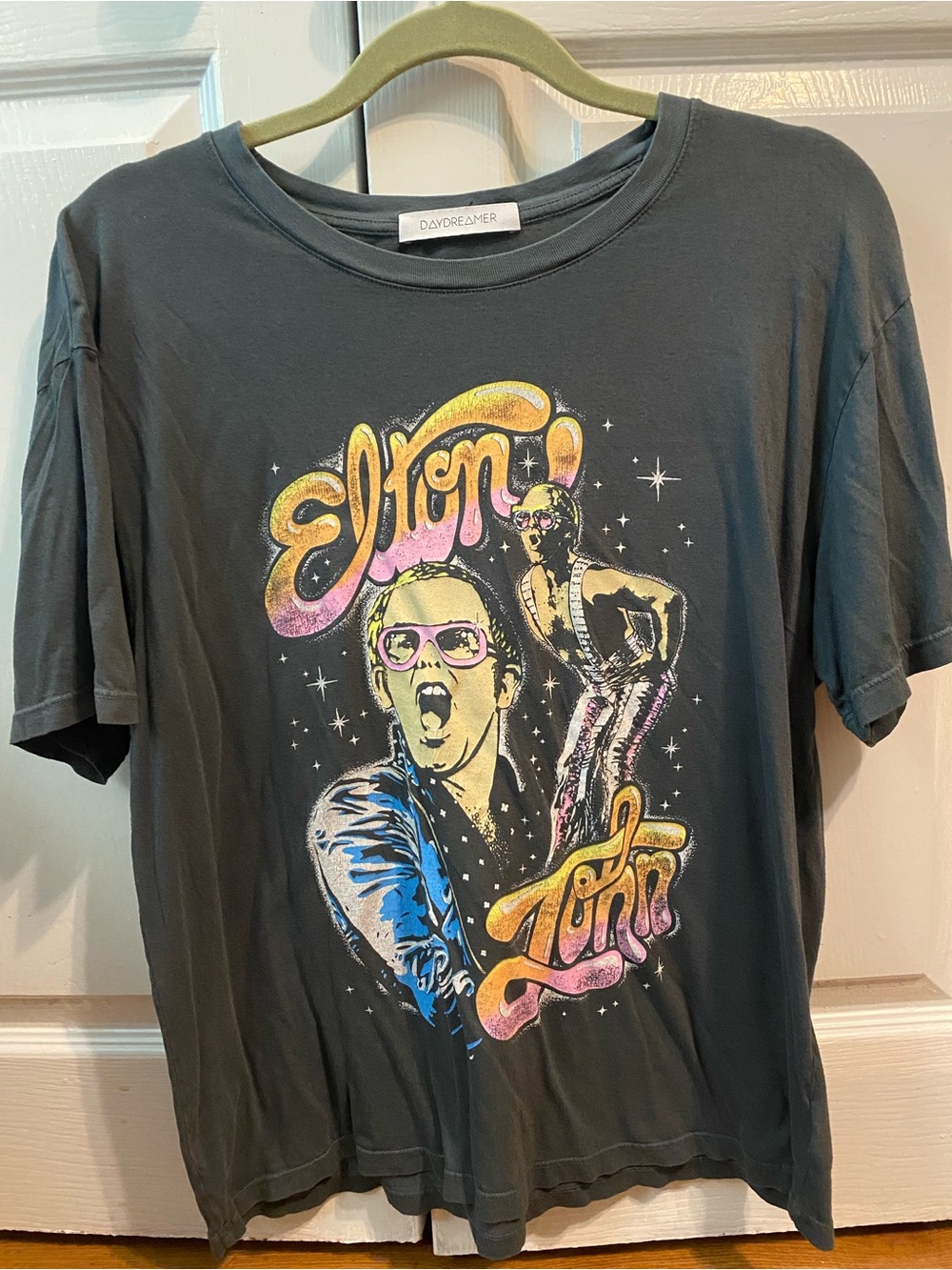 Daydreamer Black Elton John Graphic Tee with Pink, Yellow & Blue Accents
